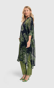 Left side full body view of the alembika royal/green floral jacket.