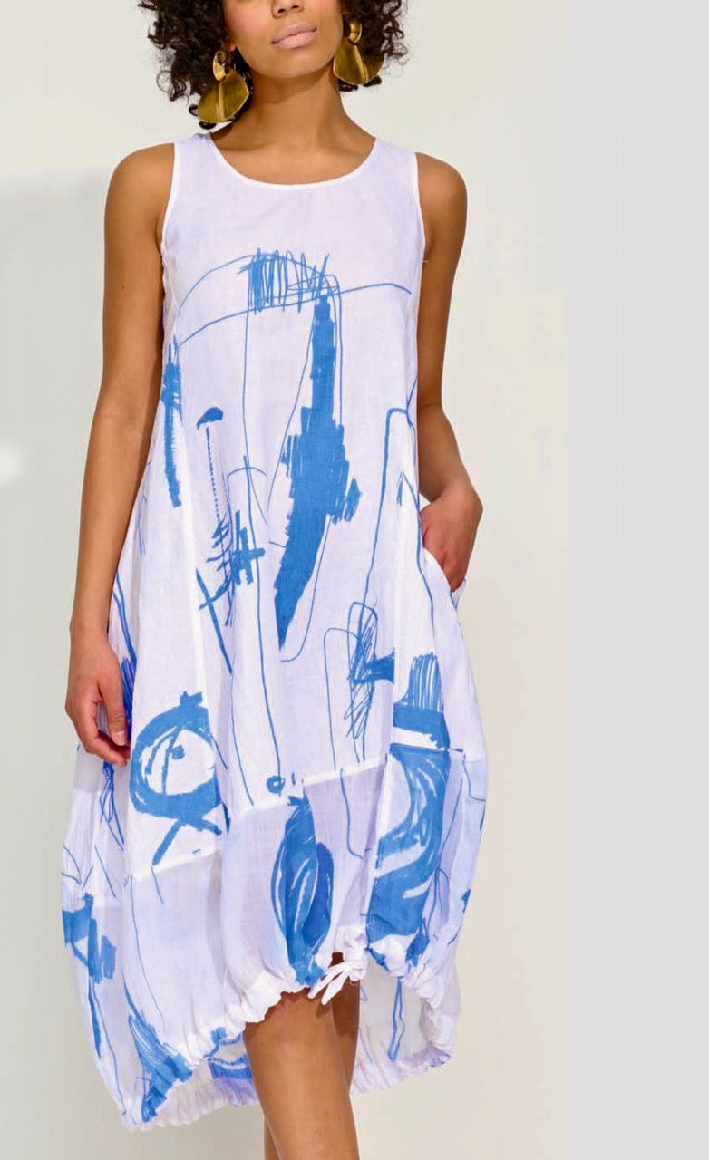 Banana Blue Blue Fish Print Linen Dress ModeAlise Banana Blue Blue Fish Print Linen Dress ModeAlise