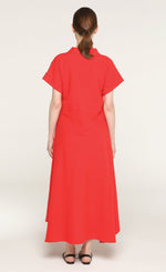 Load image into Gallery viewer, Back full body view of a woman wearing the igor cate dress in red.
