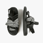 Load image into Gallery viewer, Birdseye view of a pair of the all black footwear bowlace sandal
