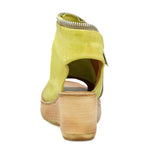 Load image into Gallery viewer, Back view of the AS98 naylor wedge sandal in the color zen/yellow. this sandal has a wood-like wedge and leather covering the foot and ankle. The sandal has an open toe and heel.
