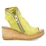 Load image into Gallery viewer, outer side view of the AS98 naylor wedge sandal in the color zen/yellow. this sandal has a wood-like wedge and leather overing the foot and ankle. The sandal has an open toe and heel and the outer side of the sandal has a zipper. 
