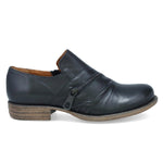 Load image into Gallery viewer, Outer view of the miz mooz lyric oxford shoe. This flat shoe is a slip on. It is black with a decorative zipper over the instep.
