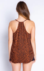 Load image into Gallery viewer, Back view of the top half of a woman wearing the PJ Salvage Wild Love Cami. This cami is mocha/brown colored with a black heart shaped animal print all over it. The back of this tank is a racerback.
