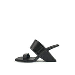 Load image into Gallery viewer, inner side view of the united nude loop hi sandal. This black square toed sandal is high-heeled and showcases a floating-like heel and two bands over the instep.  
