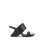 Load image into Gallery viewer, outer side view of the united nude loop hi sandal. This black square toed sandal is high-heeled and showcases a floating-like heel and two bands over the instep.  
