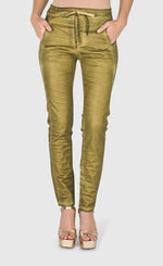 Load image into Gallery viewer, Alembika front bottom half view of a woman wearing the alembika iconic stretch jeans in green snake.
