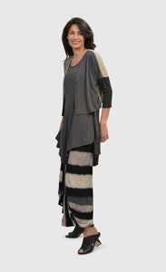 Front full body view of a woman wearing the Alembika Multi Essential Colorblock Cupro Cardigan 7SJ215M