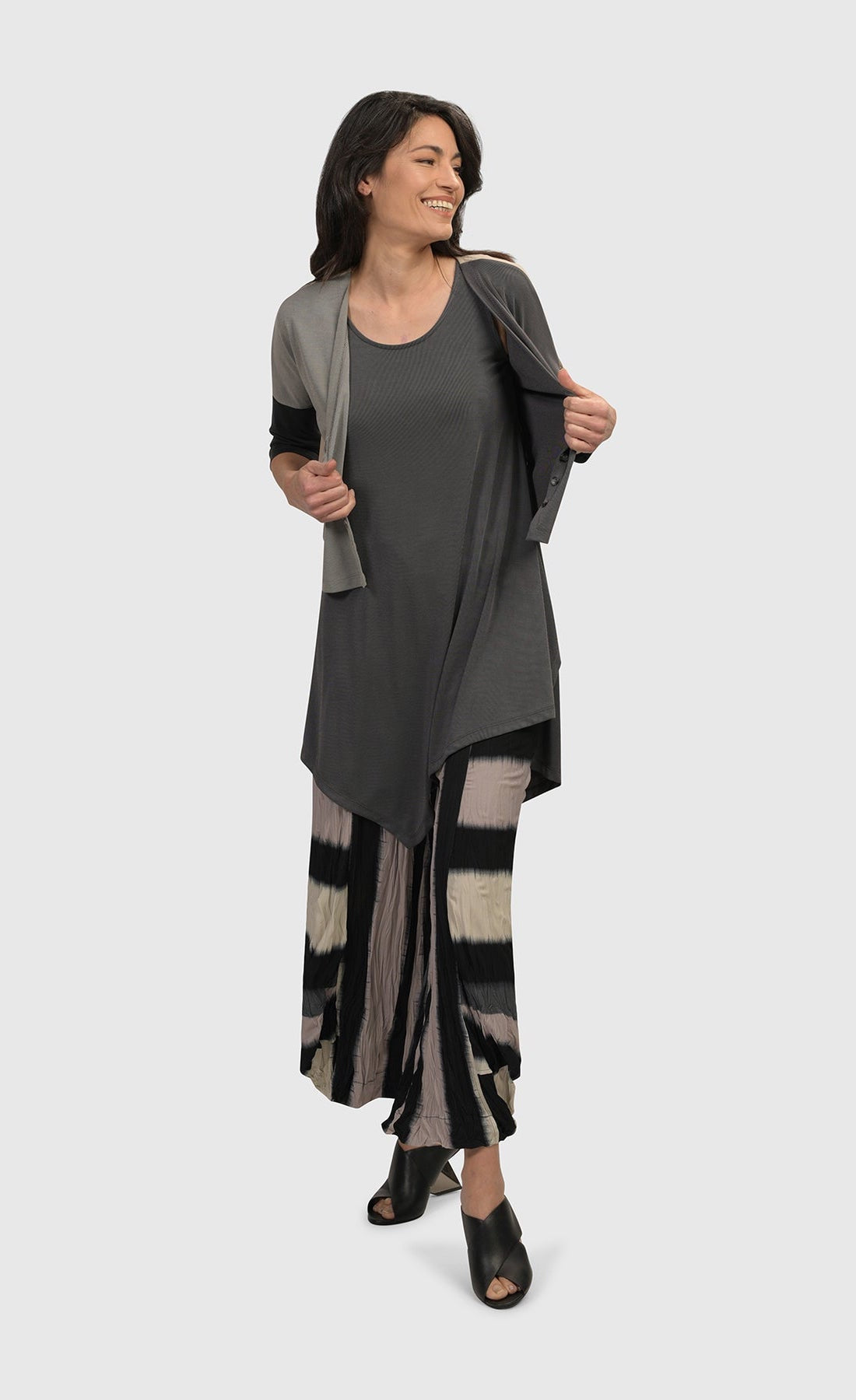 Front full body view of a woman wearing the Alembika Multi Essential Colorblock Cupro Cardigan 7SJ215M