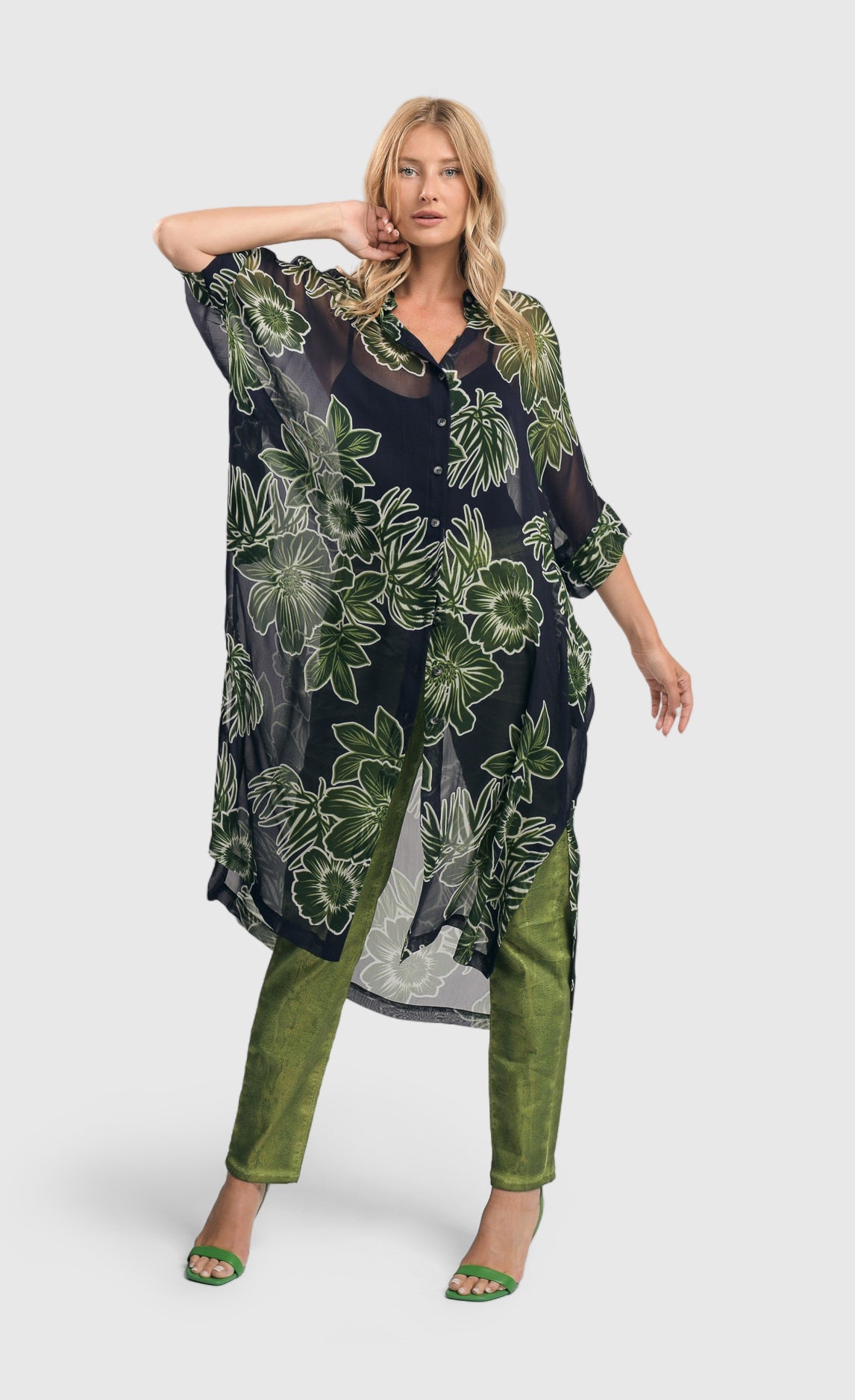Front full body view of the alembika royal/green floral jacket.