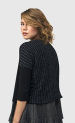 Load image into Gallery viewer, Back top half view of a woman wearing the alembika striped andromeda cropped cardigan
