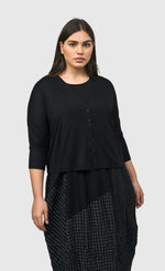 Load image into Gallery viewer, Front top half view of a woman wearing the alembika striped andromeda cropped cardigan

