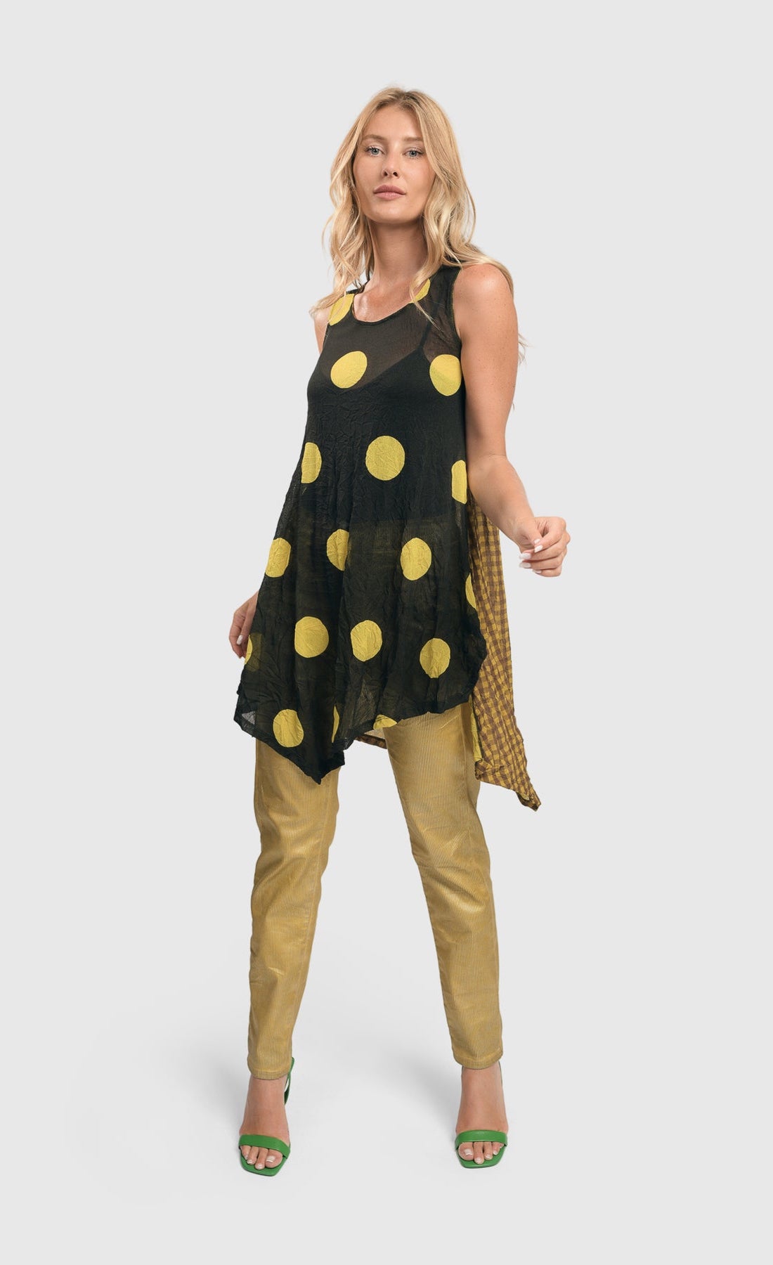 Front full body view of a woman wearing the alembika taylor dot soft tulle sleeveless tunic