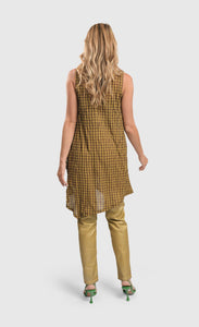 Back full body view of a woman wearing the alembika taylor dot soft tulle sleeveless tunic