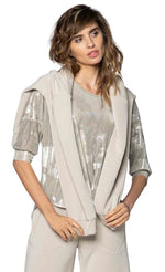Load image into Gallery viewer, Front top view of a woman wearing the beate heymann silver top
