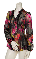 Load image into Gallery viewer, Front top half  view of the Beate Heymann Black/Pink Peony Blouse
