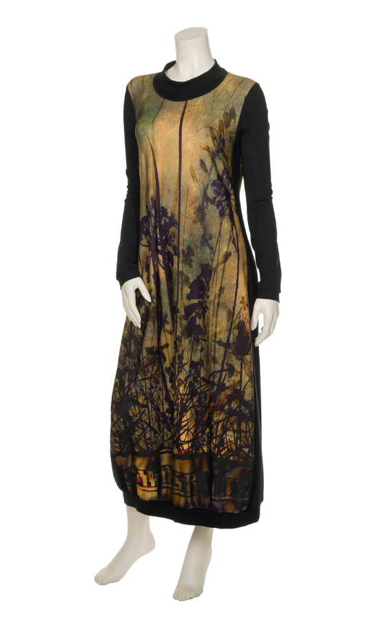 Front full body view of the beate heymann sunset wildflower dress in a yellow antique color.