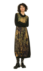 Load image into Gallery viewer, Front full body view of a woman wearing the beate heymann sunset wildflower dress in a yellow antique color.
