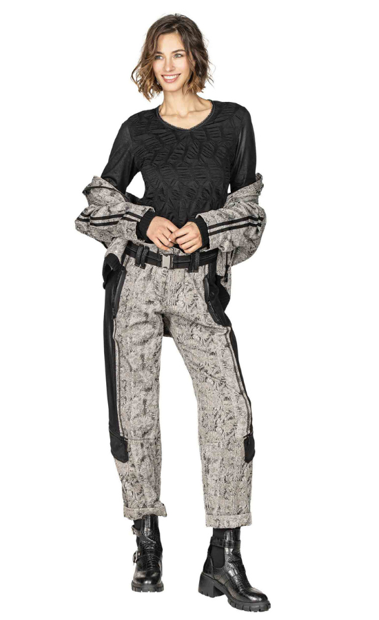 Front full body view of a woman wearing the Beate Heymann Grey Melange Roll Up Trousers