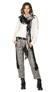 Front full body view of a woman wearing the Beate Heymann Black and Cream Floralis Scarf
