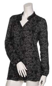 Top half front view of the beate heymann black strass blouse.