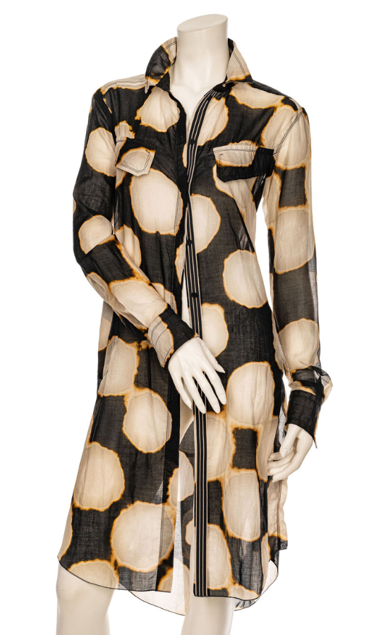 Front full body view of a mannequin wearing the beate heymann black and cream circles long shirt