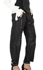 Front bottom half view of a woman wearing the beate heymann glossy coal linen pant.