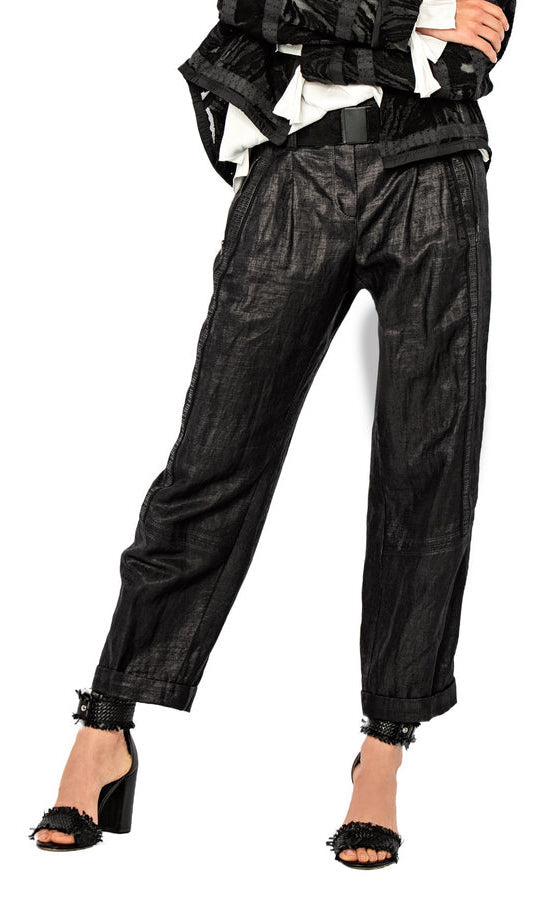Front bottom half view of a woman wearing the beate heymann glossy coal linen pant.