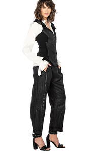 Front full body view of a woman wearing the beate heymann glossy coal linen pant.