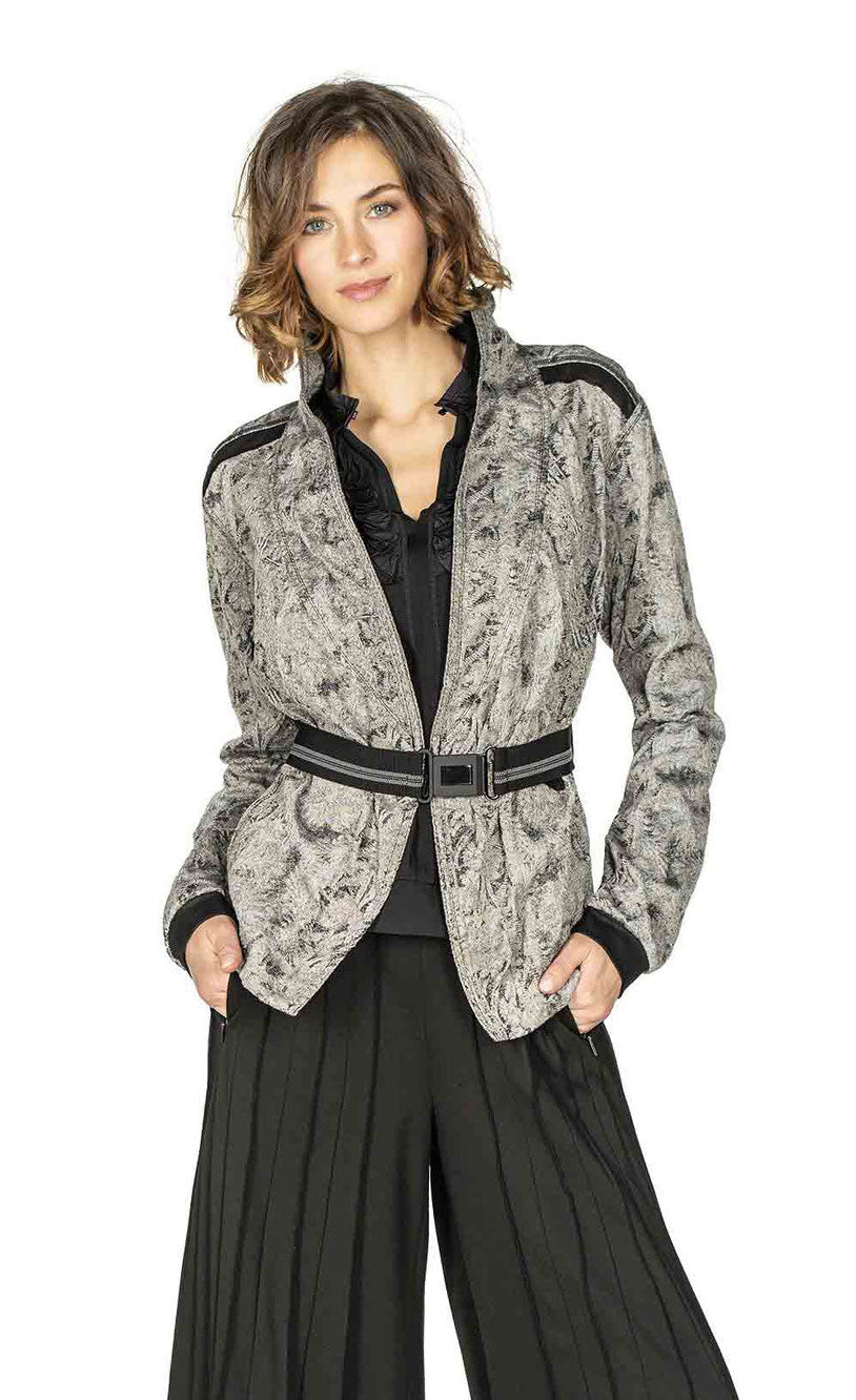 Front top half view of a woman wearing the Beate Heymann Melange Grey Jacquard Wrap Jacket