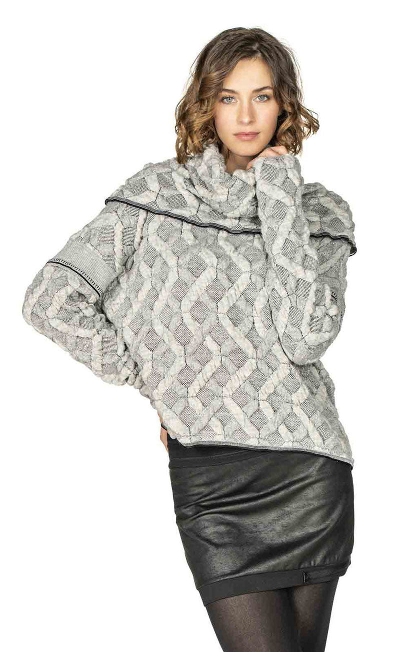 Front top half view of a woman wearing the Beate Heymann Grey Rhombe Glitter Pullover