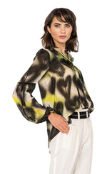Load image into Gallery viewer, Front top half view of a woman wearing the Beate Heymann Neon Green/Black Graffiti Blouse
