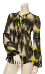 Load image into Gallery viewer, Front top half view of a mannequin wearing the Beate Heymann Neon Green/Black Graffiti Blouse
