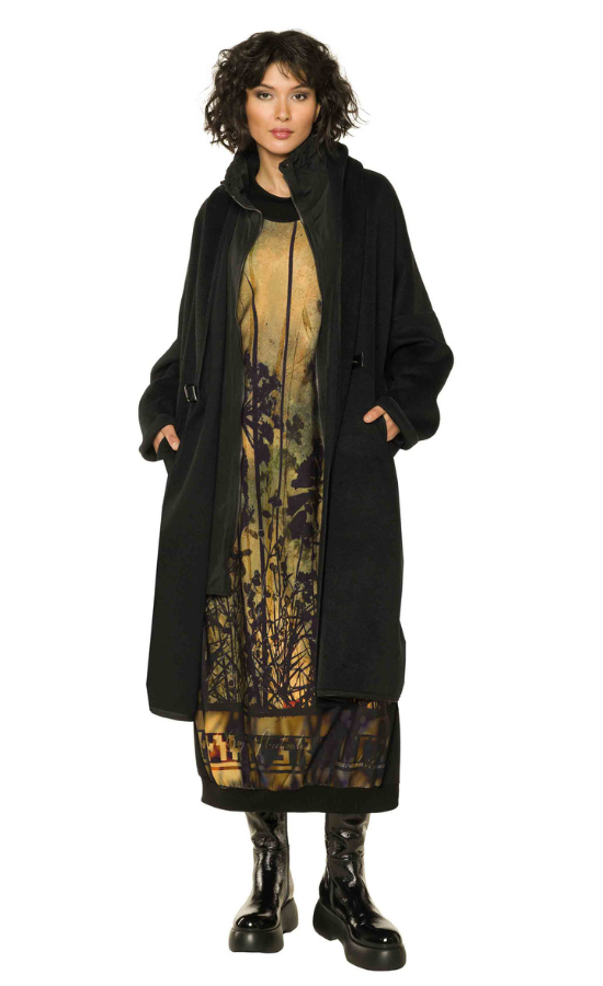 Front full body view of a woman wearing the Beate Heymann Black Brushed Coat