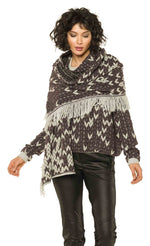 Load image into Gallery viewer, Front top half view of woman wearing the Beate Heymann Aubergine Pullover with a scarf over it.
