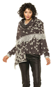 Front top half view of woman wearing the Beate Heymann Aubergine Pullover with a scarf over it.