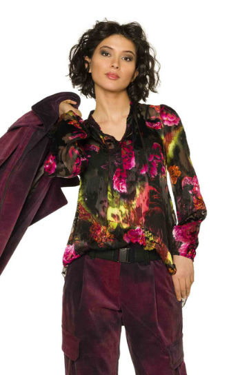 Front top half view of a woman wearing the Beate Heymann Black/Pink Peony Blouse.