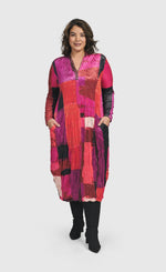 Load image into Gallery viewer, Front full body view of a woman wearing the Alembika Sunset Strip Cocoon Magenta Dress
