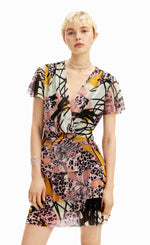 Load image into Gallery viewer, front close up view of a woman wearing the desigual m christian la croix orchid mini dress
