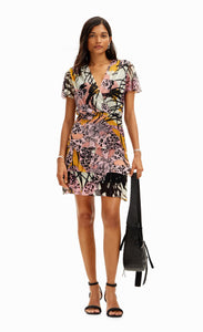 front full body view of a woman wearing the desigual m christian la croix orchid mini dress