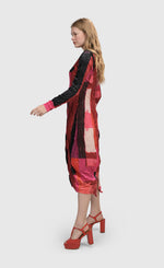 Load image into Gallery viewer, Left side full body view of a woman wearing the Alembika Sunset Strip Cocoon Magenta Dress
