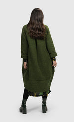 Load image into Gallery viewer, Back full body view of a woman wearing the Alembika Green Gala Cocoon Jacket

