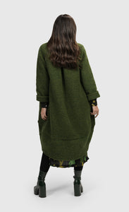 Back full body view of a woman wearing the Alembika Green Gala Cocoon Jacket