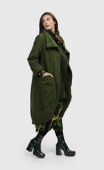 Load image into Gallery viewer, Right side full body view of a woman wearing the alembika green Gala Cocoon Jacket

