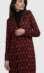 Load image into Gallery viewer, Front close up view of a woman wearing the Alembika Dynamite Days Duster Red Coat
