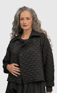 Front top half view of a woman wearing the Alembika Urban Soft Punk Jacket