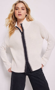 Front top half view of a woman wearing the lisa todd romancin sweater jacket