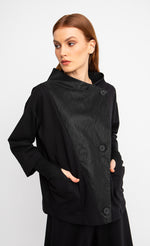 Load image into Gallery viewer, Front top half view of a woman wearing the ozai n ku black cardigan.
