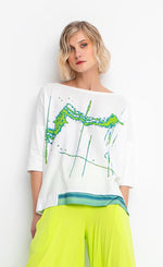 Load image into Gallery viewer, Front top half view of a woman wearing the ozai n ku lagoon boxy tee.
