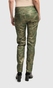 Back bottom half view of a woman wearing the Alembika Green Iconic Jeans Desires